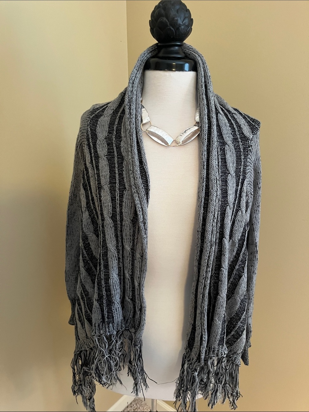 Gray Cable-Knit Fringe Open Front Sweater Wrap